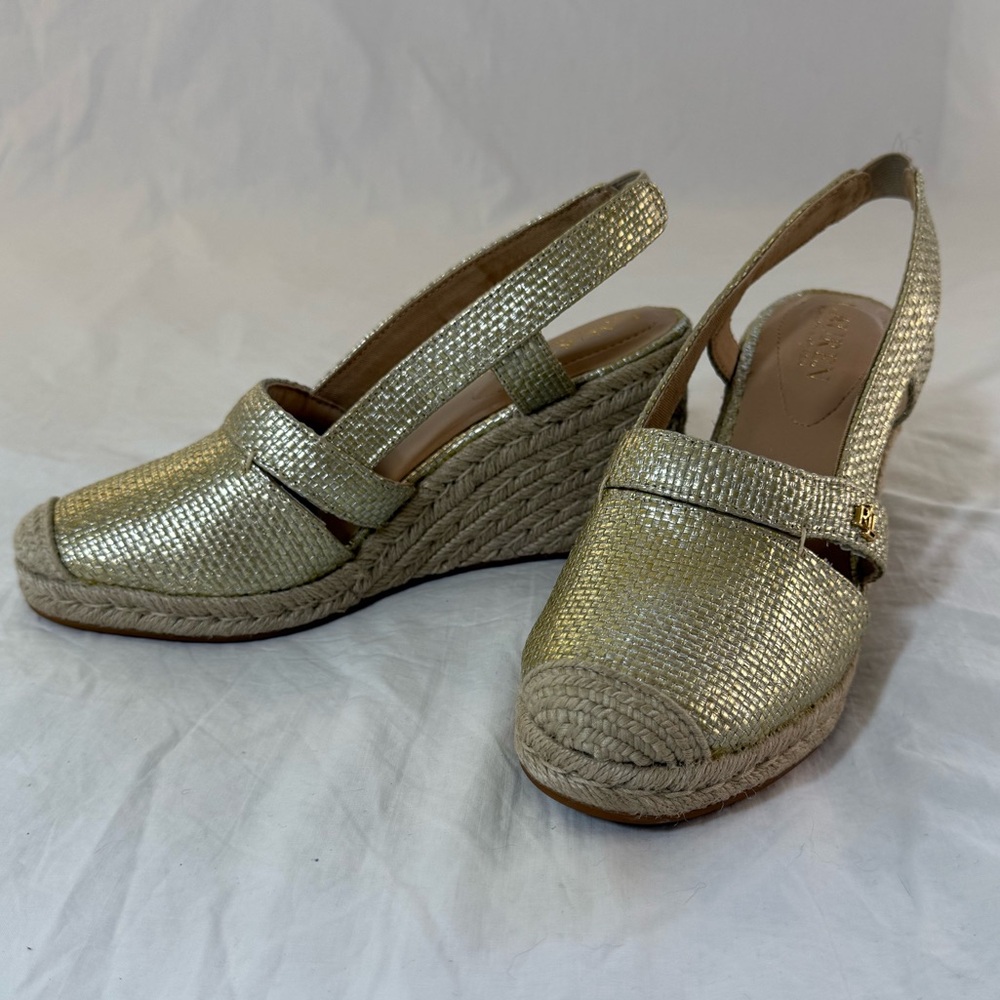 Lauren Penelopie Gold Wedge Espadrille Sandals Size 8 NWOT